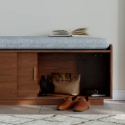 صورة Elara Storage Bench with Cushioned Seat – Natural Wood