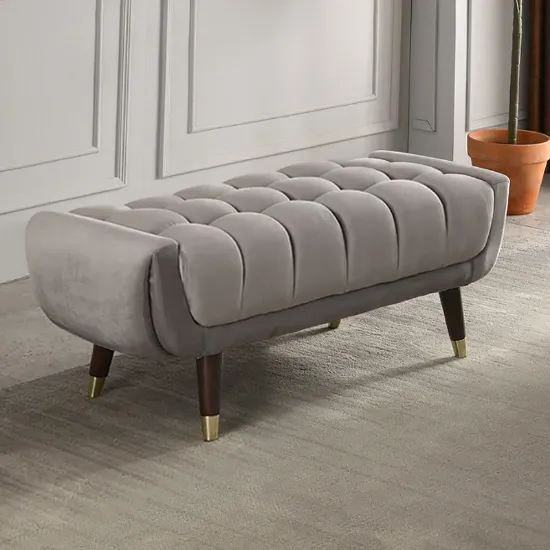 صورة Auriel Tufted Upholstered Bench – Natural Wood Legs